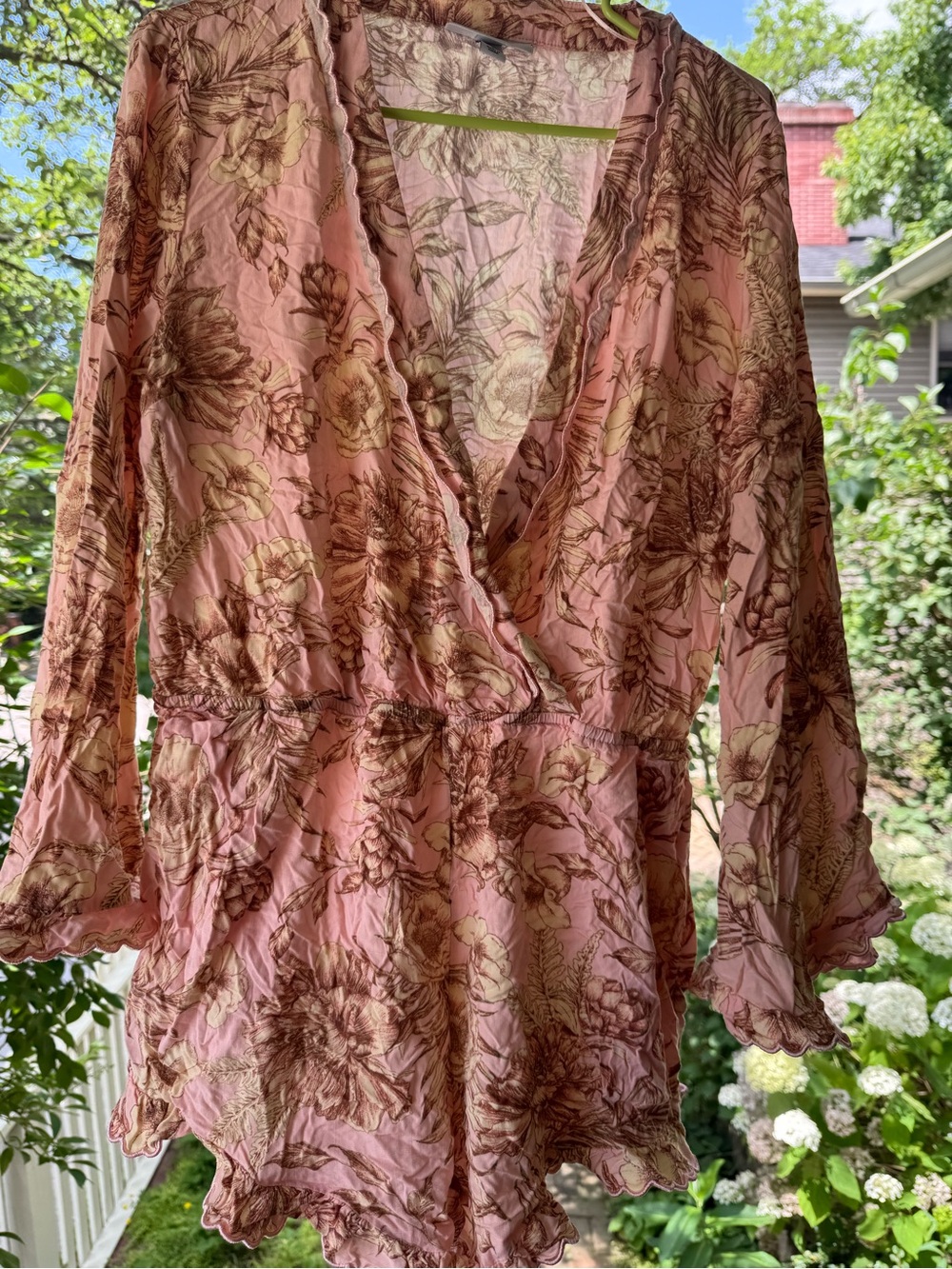 Agua Bendita Pink romper with Brown Floral Sketch Print